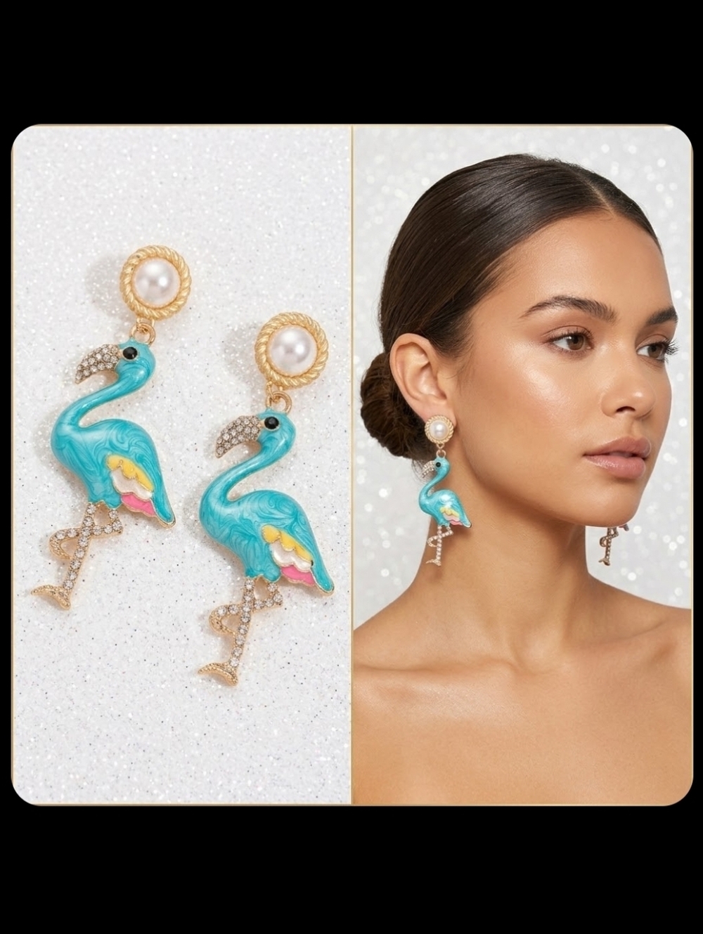 Gold-plated Blue White Crystal Pearl Flamingo Earrings With Silver Post